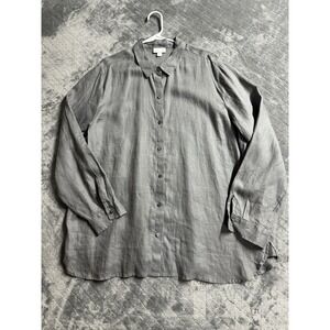 J Jill Love Linen Button Up Shirt Size XL Long Sleeve Gray Layering Lagenlook